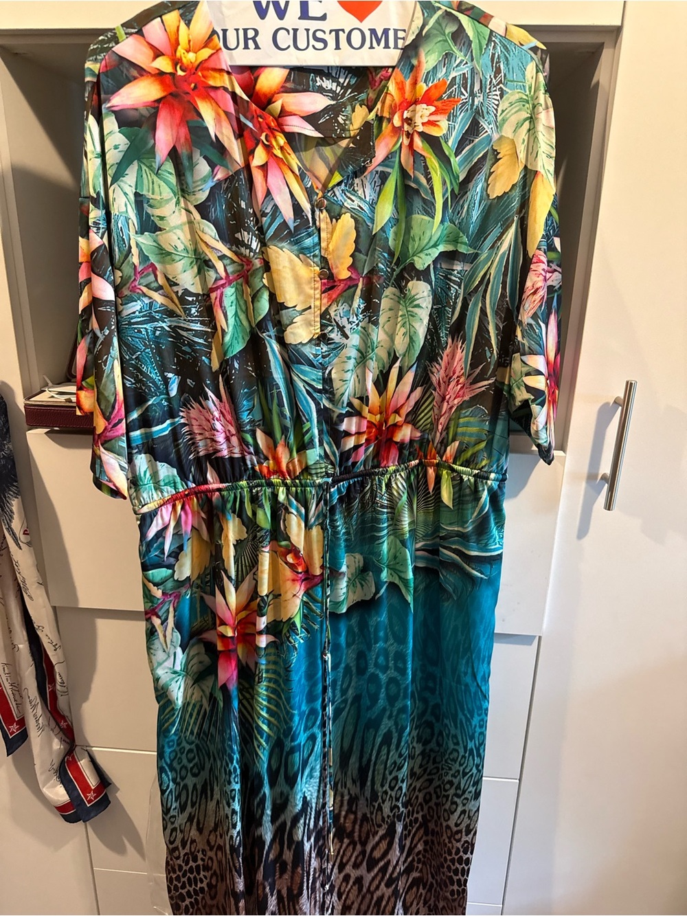 Chico's Tropical Floral Teal Drawstring Tunic